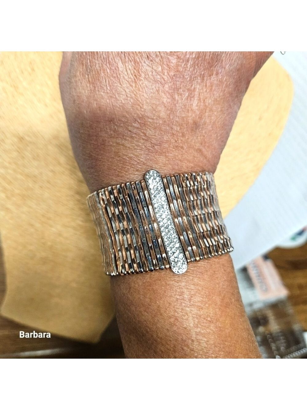 Hammered Rose Gold & Silver Mixed Metal Clear Rhinestone Bar Stretch Bracelet